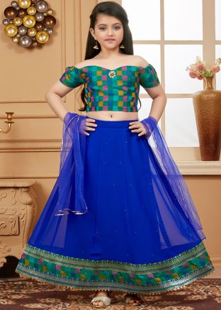 Green Kids Readymade Woven Lehenga Set