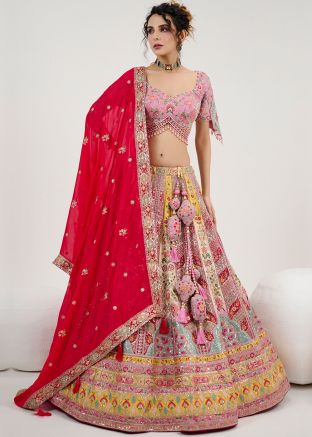 Multicolor Embroidered Readymade Silk Lehenga Choli