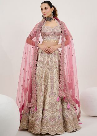 Cream Embroidered Readymade Lehenga Choli In Silk