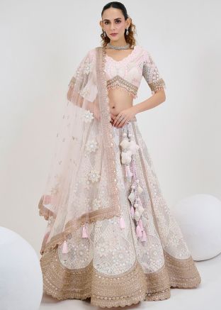Shaded White Silk Readymade Lehenga Choli In Embroidery