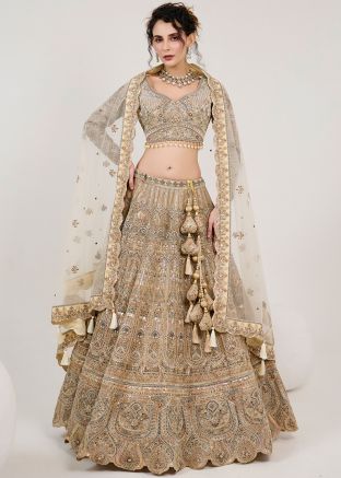 Cream Embroidered Readymade Lehenga Choli In Net