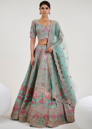 Green Embroidered Organza Readymade Lehenga Choli