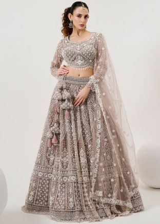 Mauve Brown Embroidered Readymade Lehenga Choli In Net