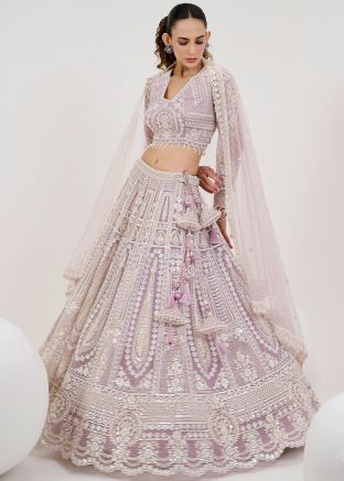Lavender Net Readymade Lehenga Choli In Embroidery