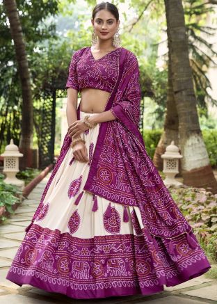 White Bandhej Print Lehenga Choli In Tussar Silk