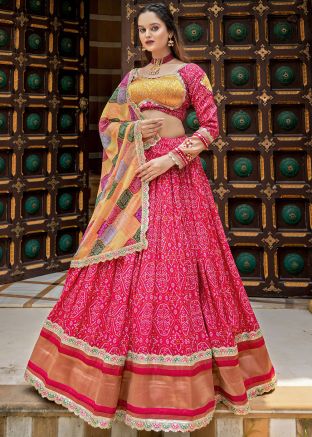 Pink Readymade Digital Bandhej Printed Lehenga Choli In Art Silk