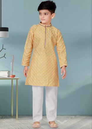 Yellow Readymade Kids Embroidered Kurta Pajama Set