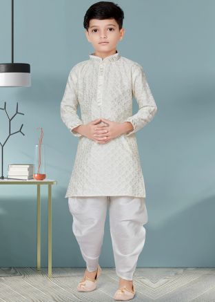 Readymade White Embroidered Dhoti Kurta For Kids