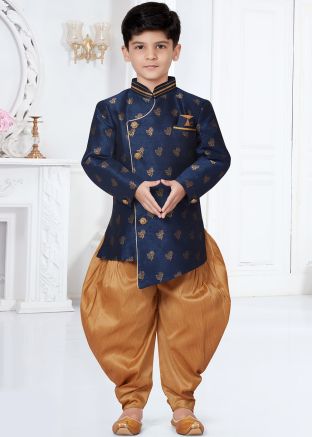 Readymade Navy Blue Woven Kids Sherwani & Dhoti Set
