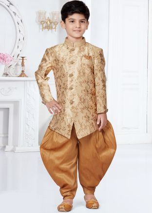 Golden Woven Kids Readymade Dhoti & Sherwani