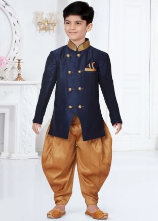Navy Blue Woven Readymade Dhoti & Sherwani For Kids