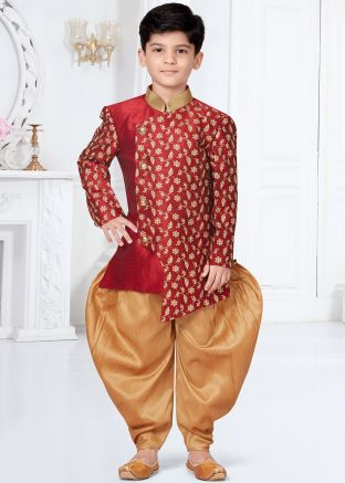 Maroon Embroidered Readymade Kids Dhoti Sherwani Set