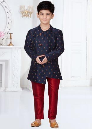 Navy Blue Embroidered Kids Readymade Sherwani Set