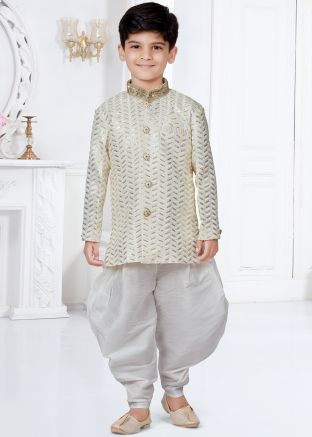 Readymade Cream Kids Embroidered Sherwani Dhoti Set