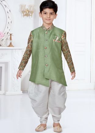 Green Kids Readymade Digital Printed Sherwani Dhoti Set
