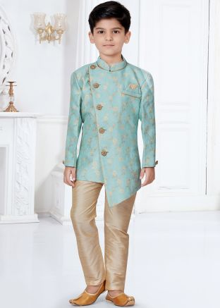 Blue Readymade Kids Woven Sherwani Set