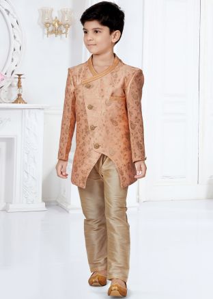 Peach Readymade Kids Woven Sherwani Set