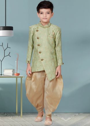 Green Readymade Kids Woven Asymmetric Sherwani Dhoti Set