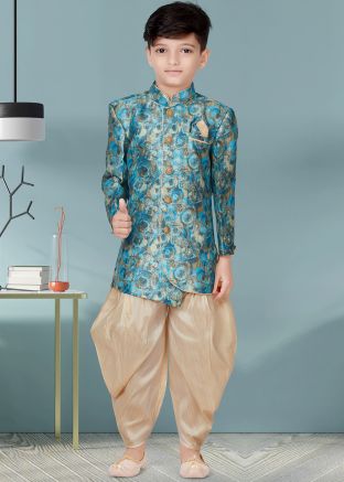 Blue Kids Readymade Digital Print Dhoti Sherwani Set