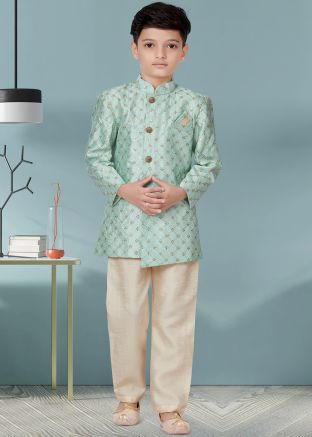 Kids Green Embroidered Readymade Sherwani Set
