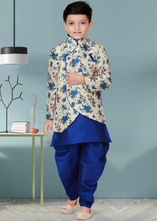 Cream Kids Readymade Sherwani Set In Dupion Silk