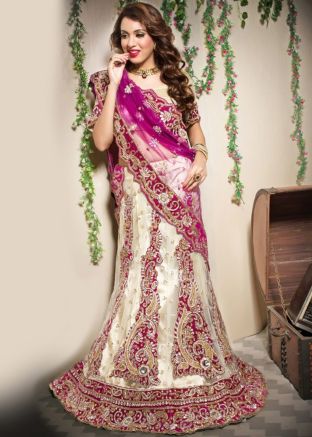 Cream Embroidered Net Lehenga Choli with Dupatta