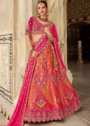 Pink Embroidered Banarasi silk Bridal Lehenga Choli