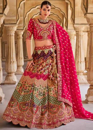 Multicolor Embroidered Bridal Lehenga Choli In Banarasi Silk