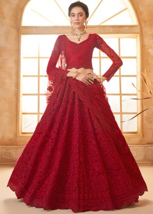 Red Thread Embroidered Lehenga Choli In Net