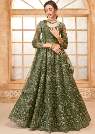 Green Thread Embroidered Net Lehenga Choli Set