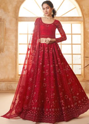 Red Net Lehenga Choli In Dori Embroidery