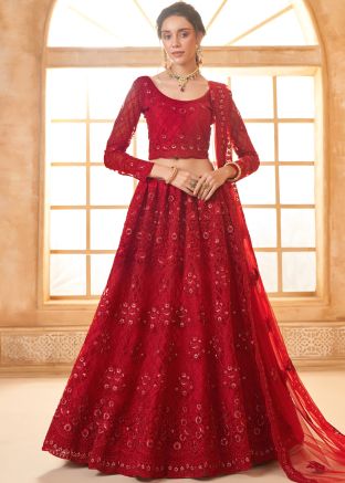 Red Thread Embroidered Net Lehenga Choli Set
