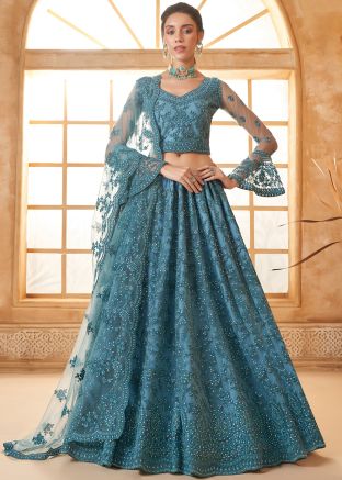 Teal Blue Net Lehenga Choli In Dori Embroidery