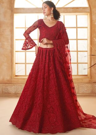 Red Dori Embroidered Net Lehenga Choli