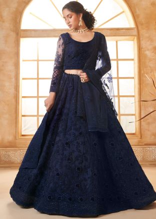 Navy Blue Net Lehenga Choli In Thread Embroidery
