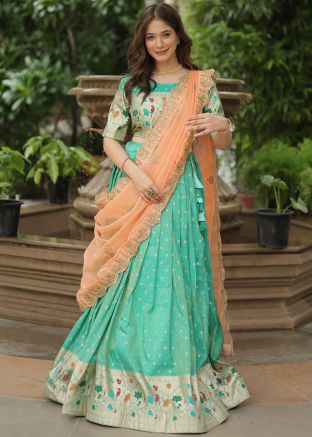 Green Jacquard Lehenga Choli In Zari Woven Work