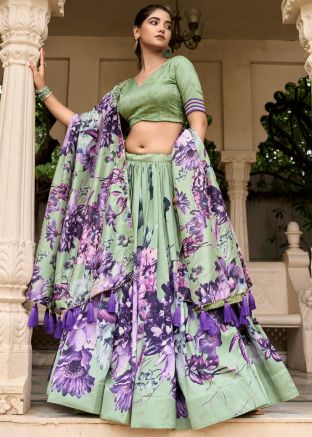 Green Readymade Lehenga Choli In Floral Print