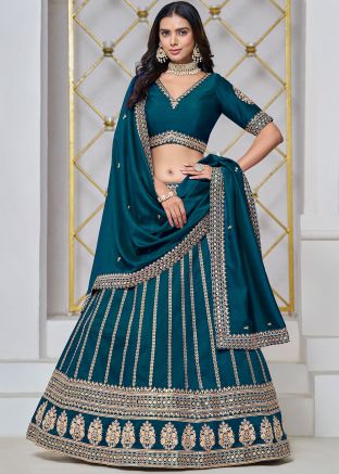 Teal Blue Art Silk Lehenga Choli In Thread Embroidery