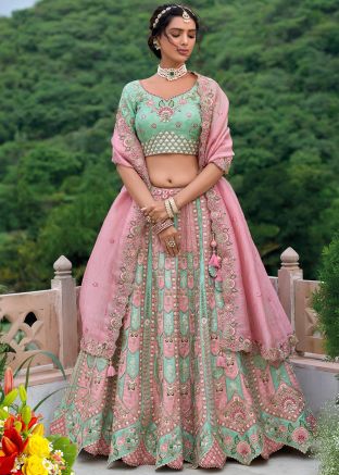 Pink Embroidered Lehenga In Silk