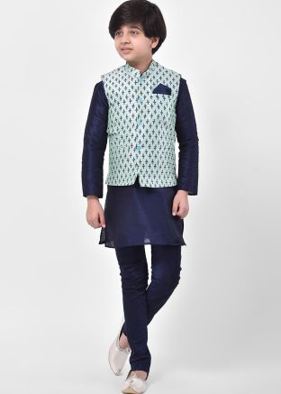 Navy Blue Kids Readymade Kurta Pajama & Nehru Jacket