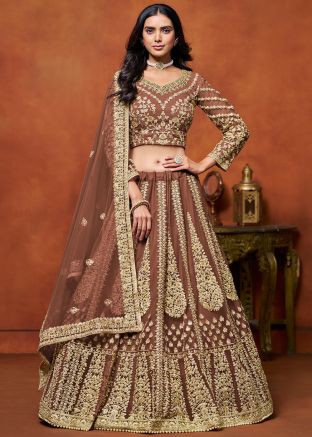 Brown Embroidered Lehenga Choli In Net 