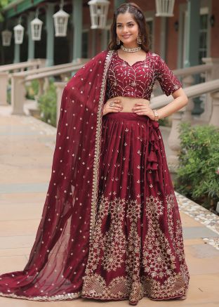 Maroon Zari Embroidered Lehenga Choli In Art Silk