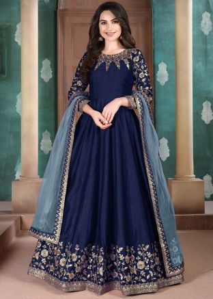 Navy Blue Art Silk Anarkali Suit With Dupatta
