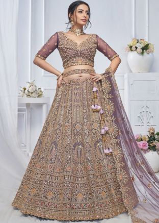 Purple Embroidered Net Lehenga Choli