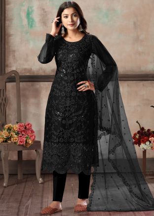 Black Net Embroidered Straight Cut Pant Salwar Suit