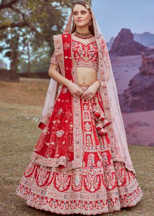 Bridal Red Silk Lehenga Choli In Dori Embroidery