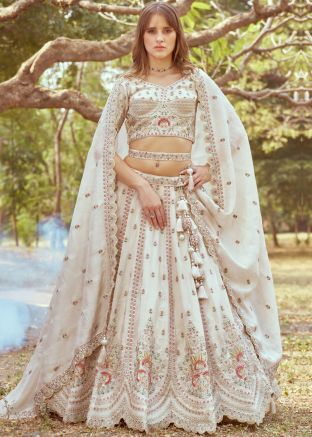 Cream Thread Embroidered Tissue Lehenga Choli