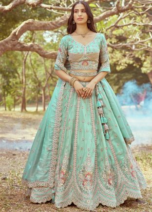 Turquoise Embroidered Lehenga Choli In Tissue