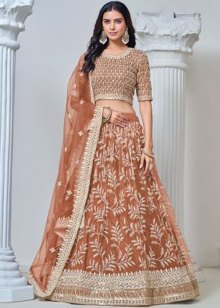 Light Brown Embroidered Lehenga Choli In Net