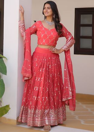 Pink Embroidered Lehenga Choli in Georgette